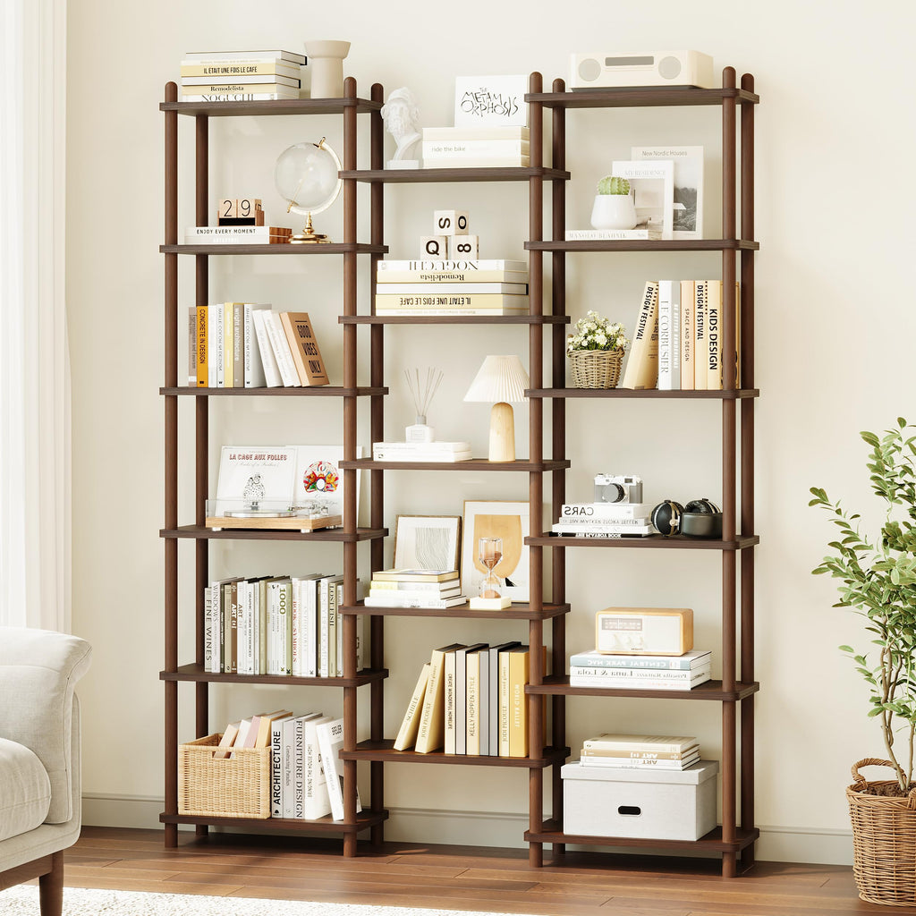 Wooden Triple Wide Bookshelf, 6-Tier Large Open Bookcase, Walnut