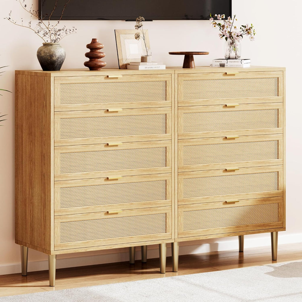 Rattan Dresser with 5 Drawers,44" Tall Chest of Drawers | Narrow Wooden Vertical Dresser With Metal Legs And Handles