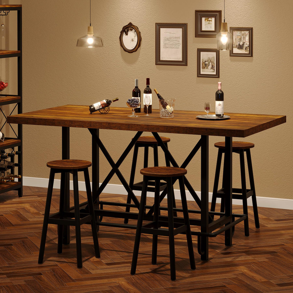 63-Inch Counter Height Bar Table with Metal Footrest (Brown)