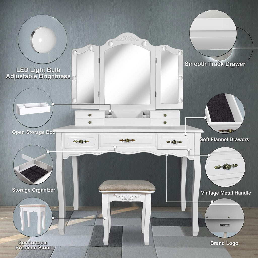 Vintage Vanity Set with 10 Hollywood LED Light Bulbs, Stool and Mirror, White