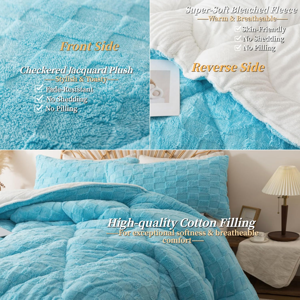 Fluffy Comforter Set King, Light Blue Winter Fleece Comforter Ultra Soft & Extra Pluffy Plush Comforter Set