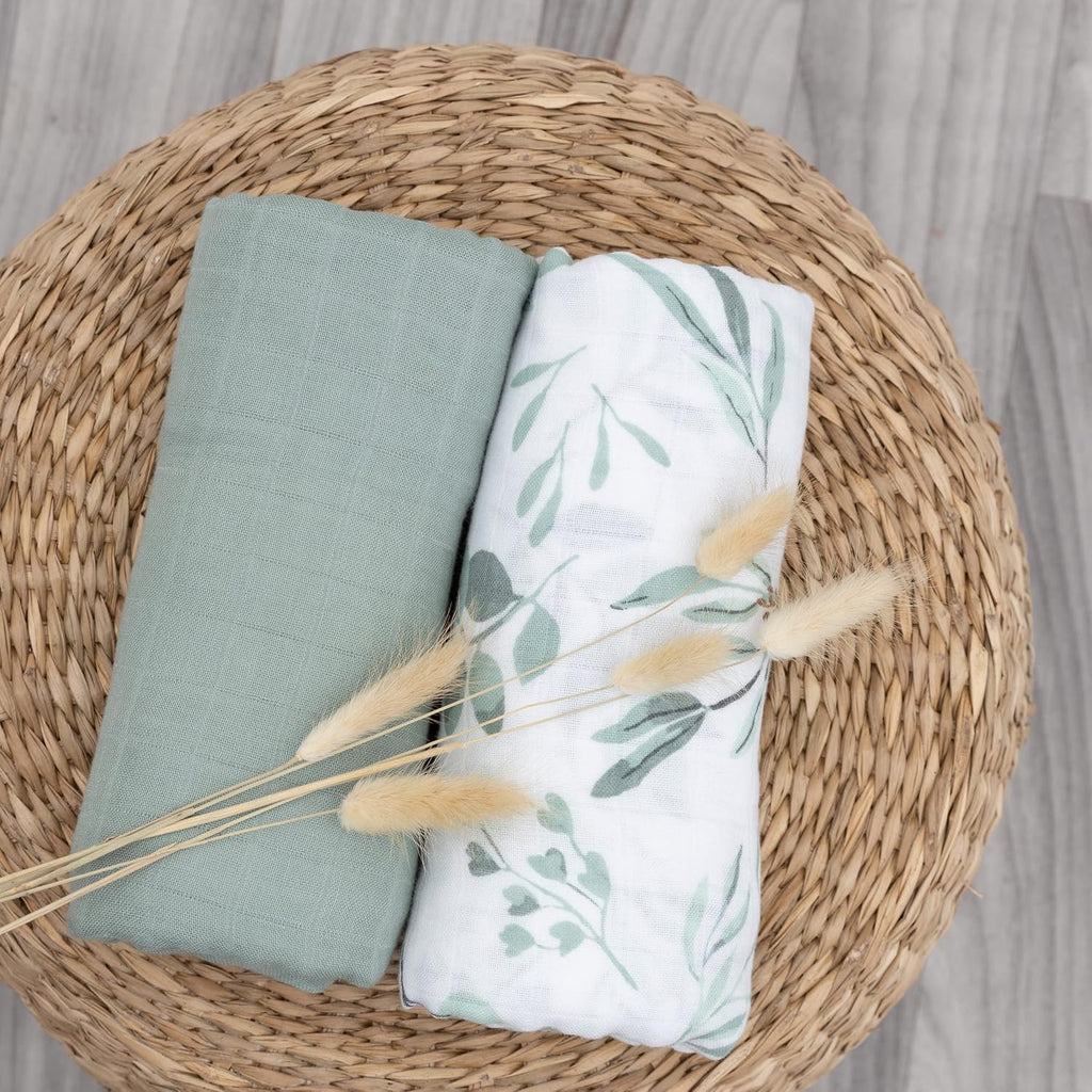 Organic Baby Muslin Swaddle Blankets for Boy or Girl - Eucalyptus Leaves and Sage Swaddling Blanket 2 Pack - Soft