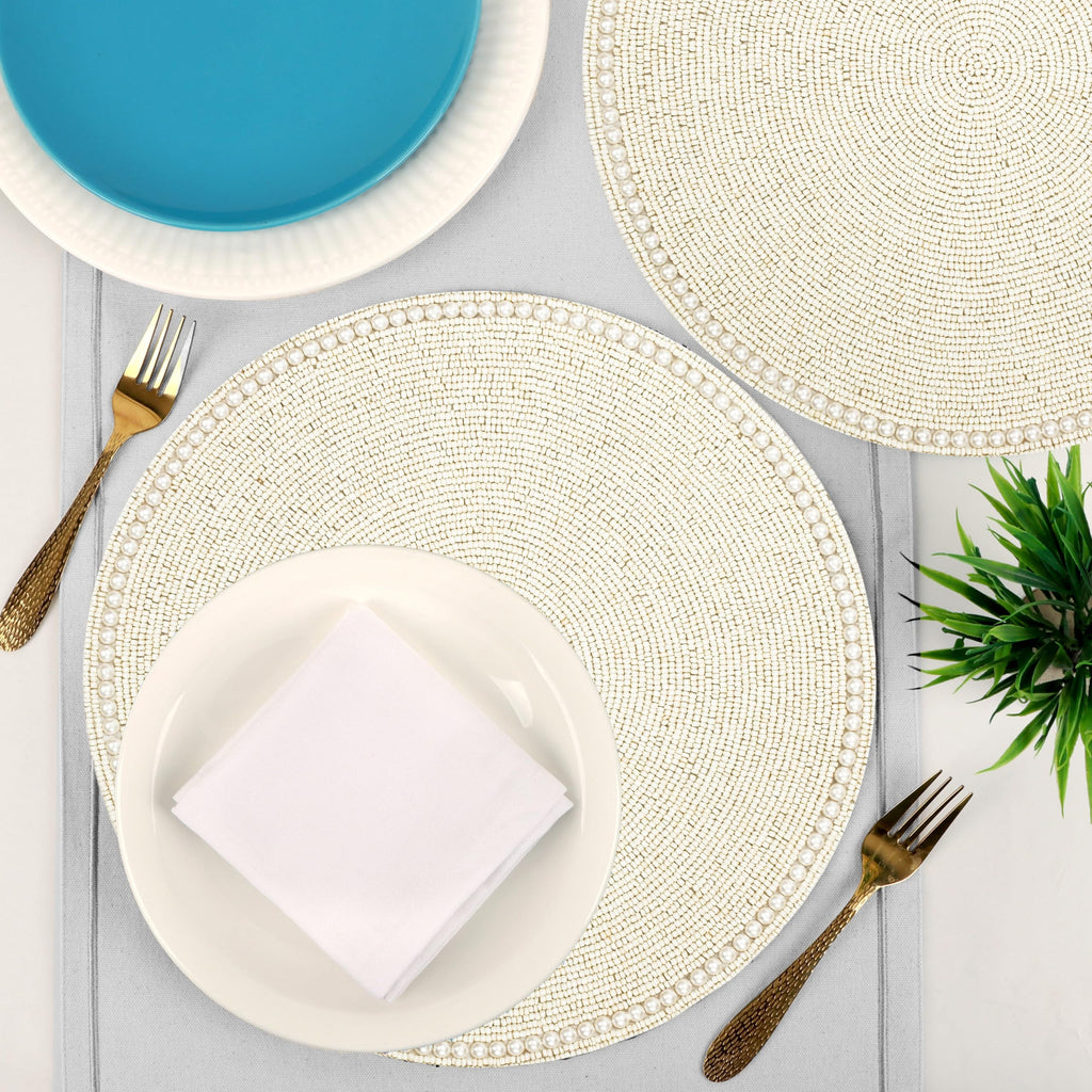 Beaded Placemats Set of 2 Ivory Round Handmade Table Mats