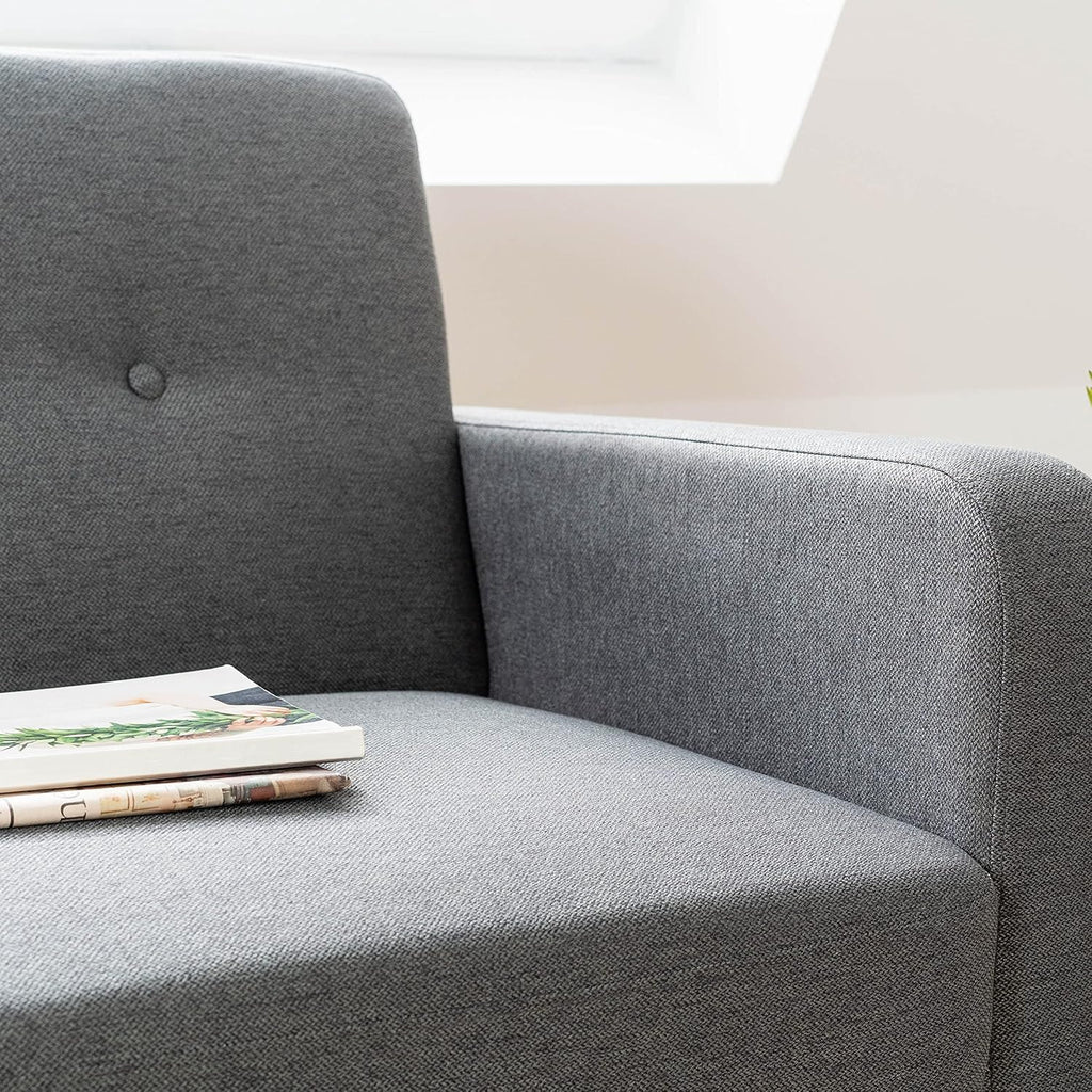 Mellow Adair Mid-Century Modern Sofa Couch with Armrest Pockets, Tufted Linen Fabric, Dark Heather Grey