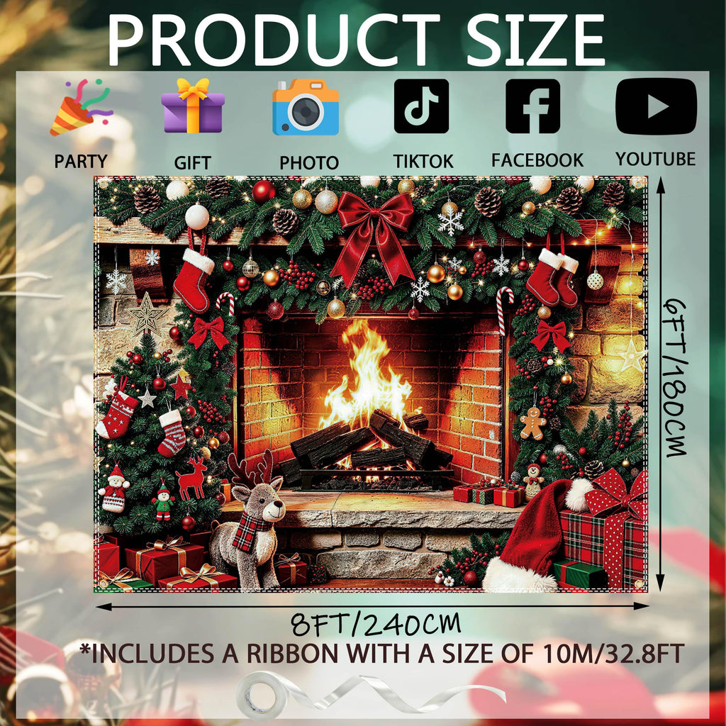 8×6Ft Fireplace Christmas Backdrop, Merry Christmas Banner for Photography