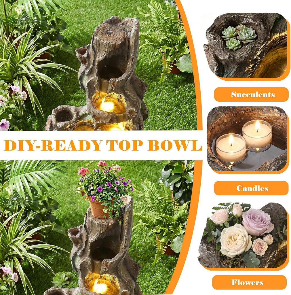 Outdoor Water Fountain, 40" H Tree Trunk Fountain with 5 Waterfalls, 6 Tiers Cascading Garden Water Feature with LED