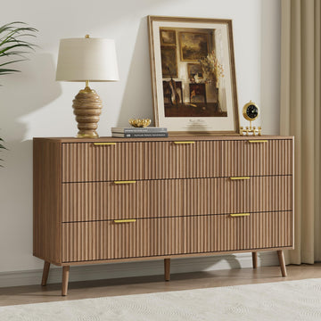 55" Wide Fluted Dresser with 7 Drawer, Modern Chest of Drawers with Curved Profile Design and Metal Handles, Wood