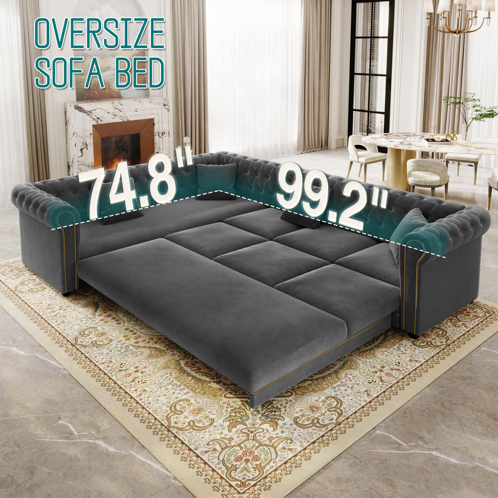 115.3" Sectional Sleeper Sofa with Pull Out Bed, Oversized Comfy Button-Tufted Velvet L Shaped Convertible Sleeper