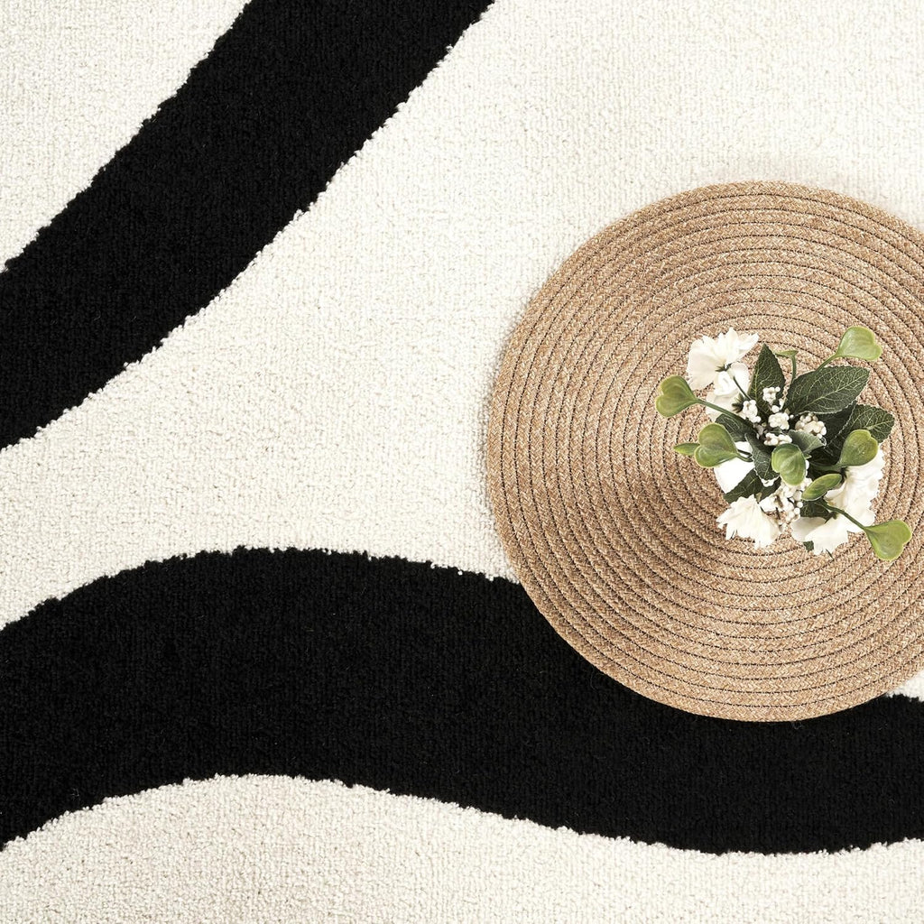 8x10 Black and Cream Area Rug | White Abstract Swirl Wave Carpet | 8' x 10' Beige/Ivory Geometric Wave Design |