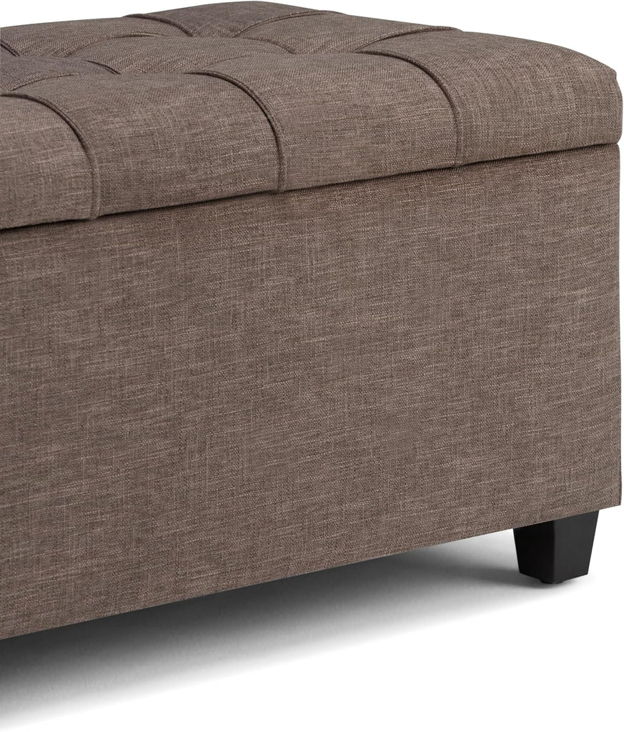 Sienna 33" Wide Vegan Leather Storage Ottoman in Satin Cream | Tanners brown, transitional ottoman with tufting and