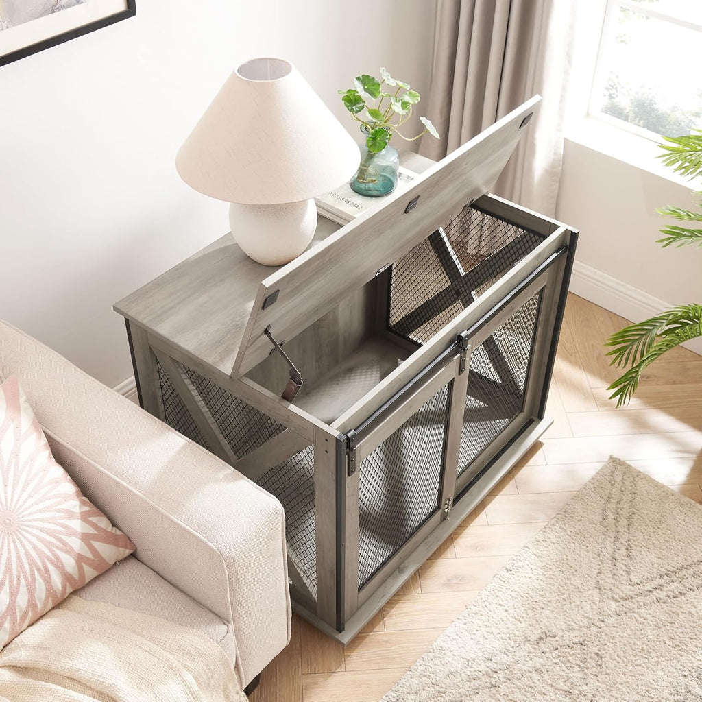 37''L Farmhouse Dog Cage Crate Furniture with Sliding Barn Door, Wooden Dog Kennel End Table with Flip-top Plate