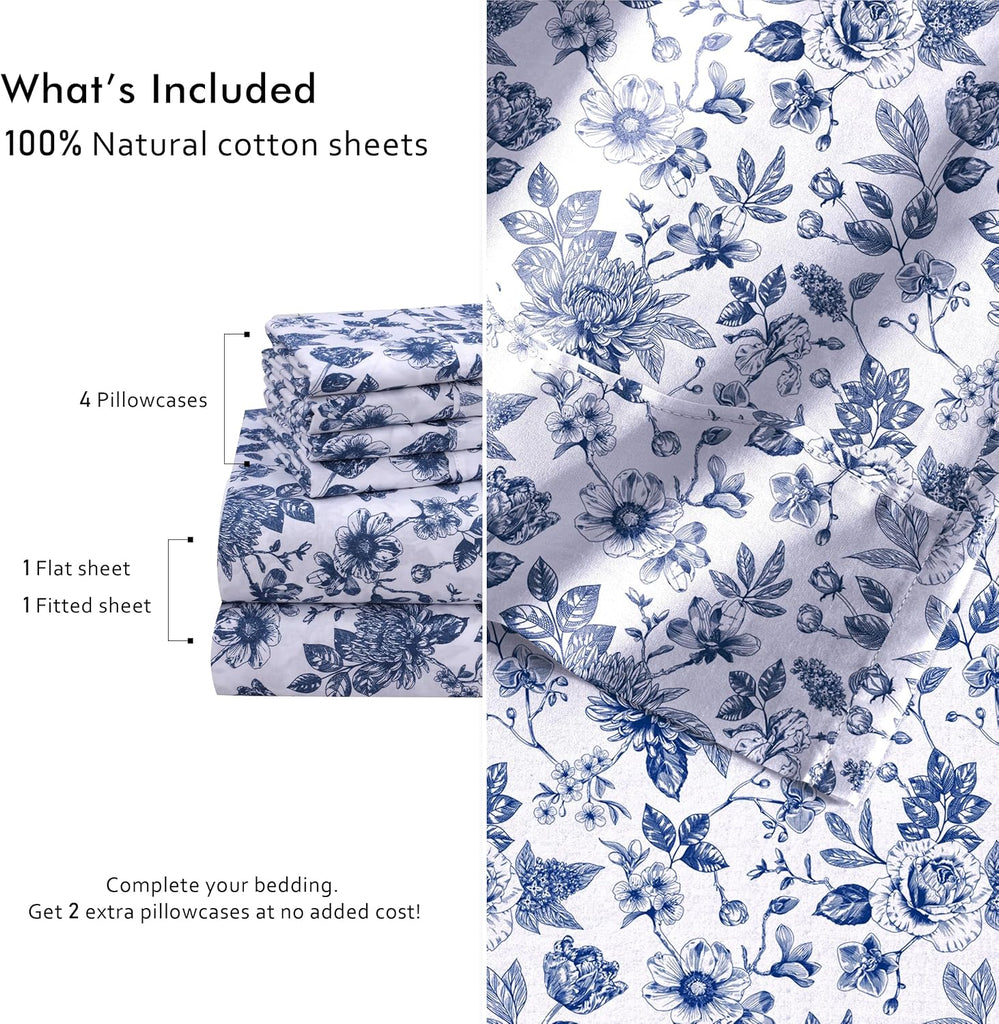 100% Cotton Percale Sheets King, Wild Flower | Cooling Bed Sheets for Hot Sleepers, Deep Pocket 16", Breathable