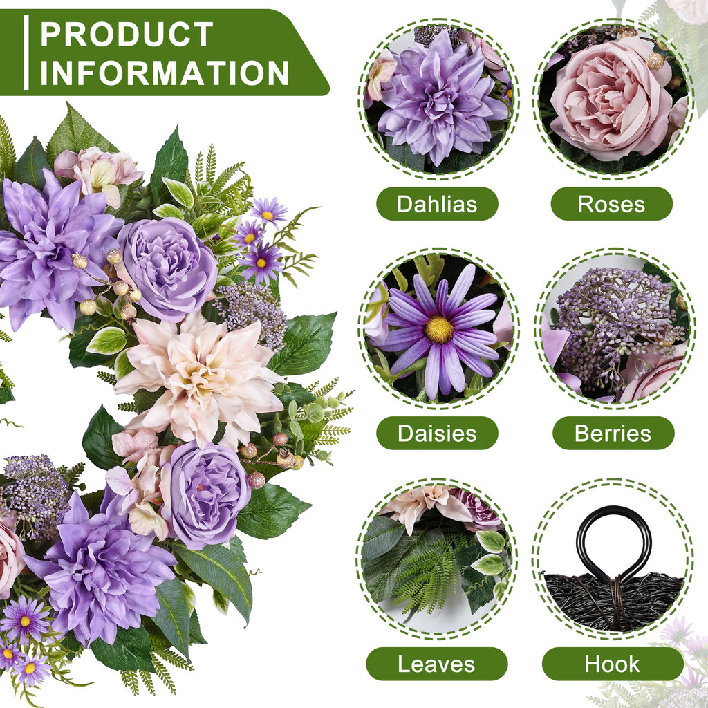 24 Inch Spring Summer Wreath for Front Door with Roses Dahlias Silk Flowers with Berry Greenery for All Seasons