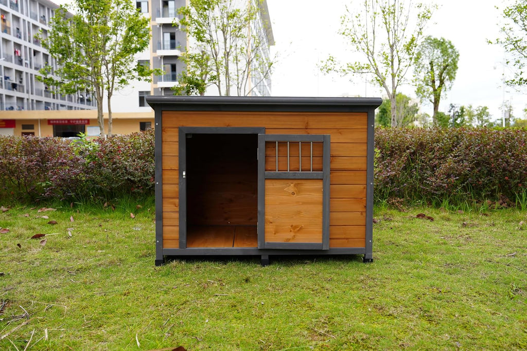 45" Large Wooden Dog House for Large Dogs, Outdoor Weatherproof Dog Kennel with PVC Roof, Lockable Breathable Wooden