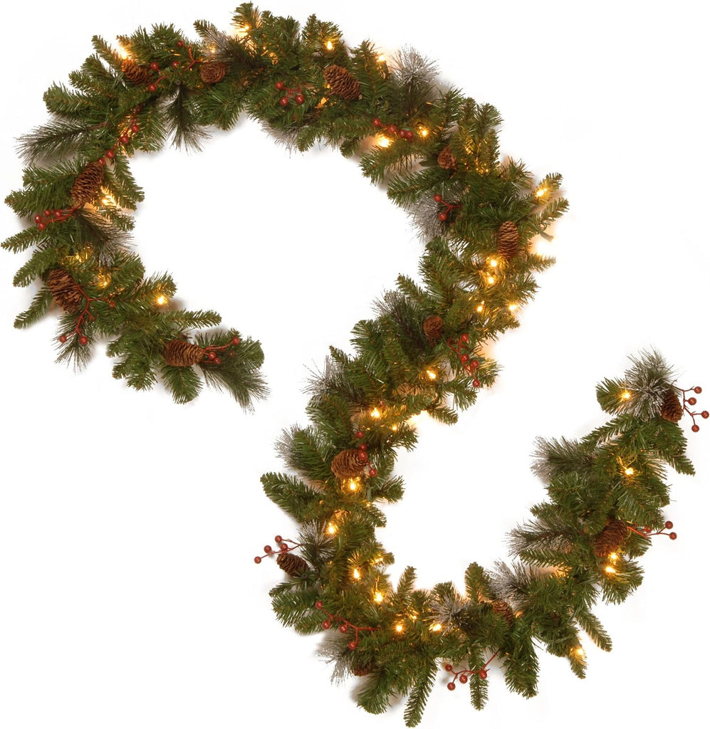 Tree Company 9ft Pre-Lit Crestwood Spruce Christmas Garland | 50 Warm White LED Lights, 180 Tips, Artificial