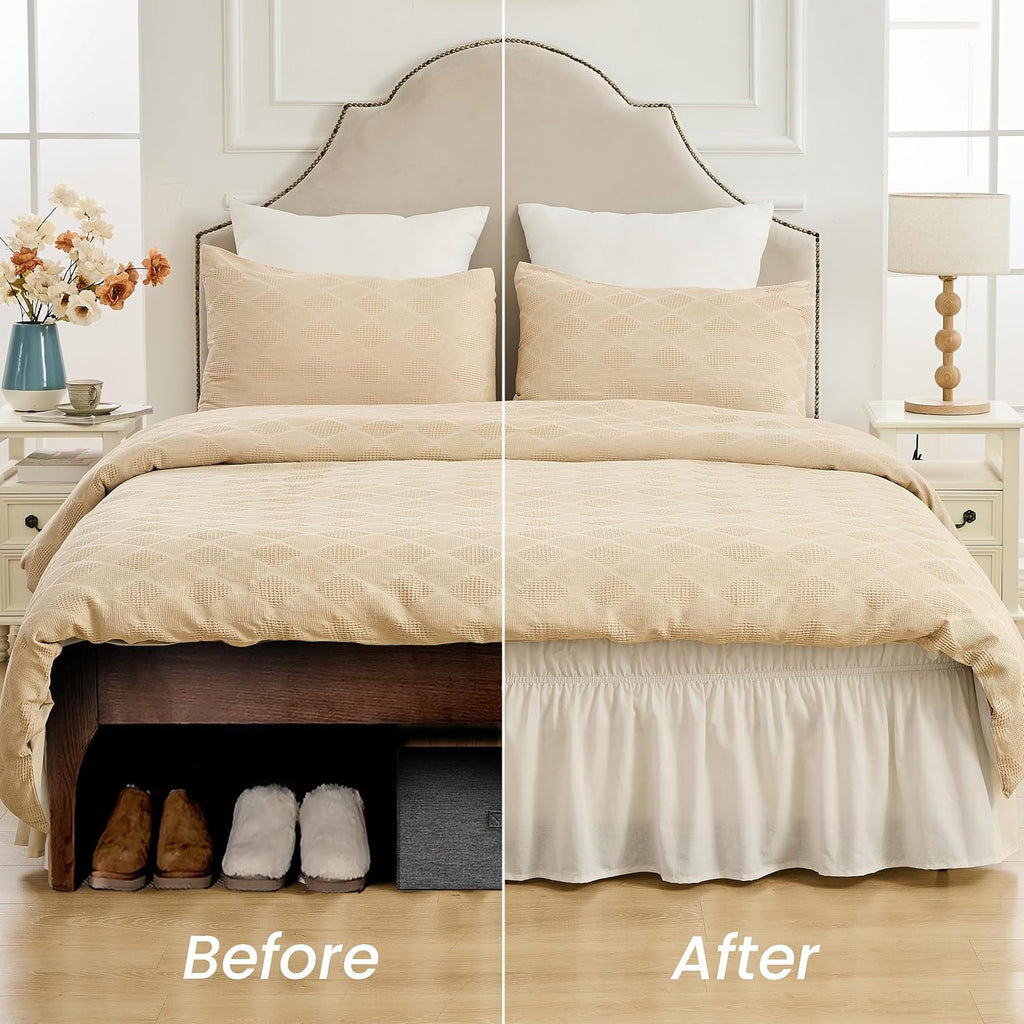 Wrap Around Bed Skirts 17" Drop, Cotton Adjustable Elastic Dust Ruffles Easy Fit Wrinkle & Fade Resistant Soft Cozy