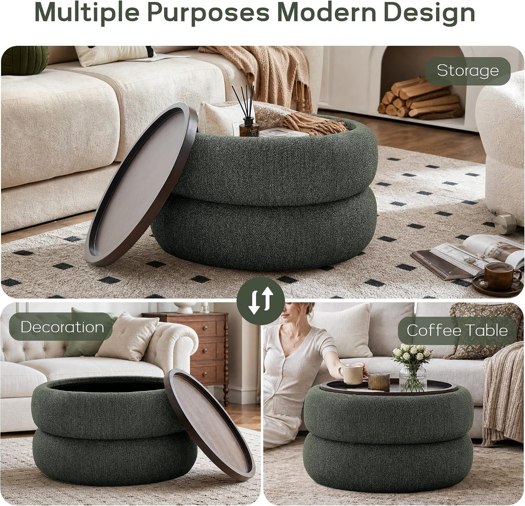 29.5" Round Boucle Storage Ottoman Coffee Table with Lift Off Lid (Green) | Upholstered Modern Ottoman with Storage