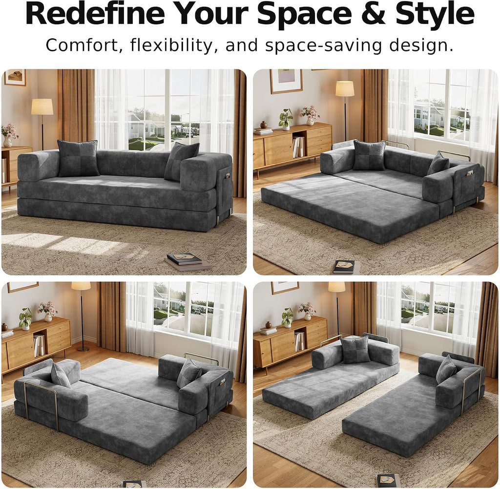 79" Convertible Sofa Bed, Boneless Couch . | Velour Futon Sofa Bed, Folding Sleeper Couch with Storage Pocket and 2