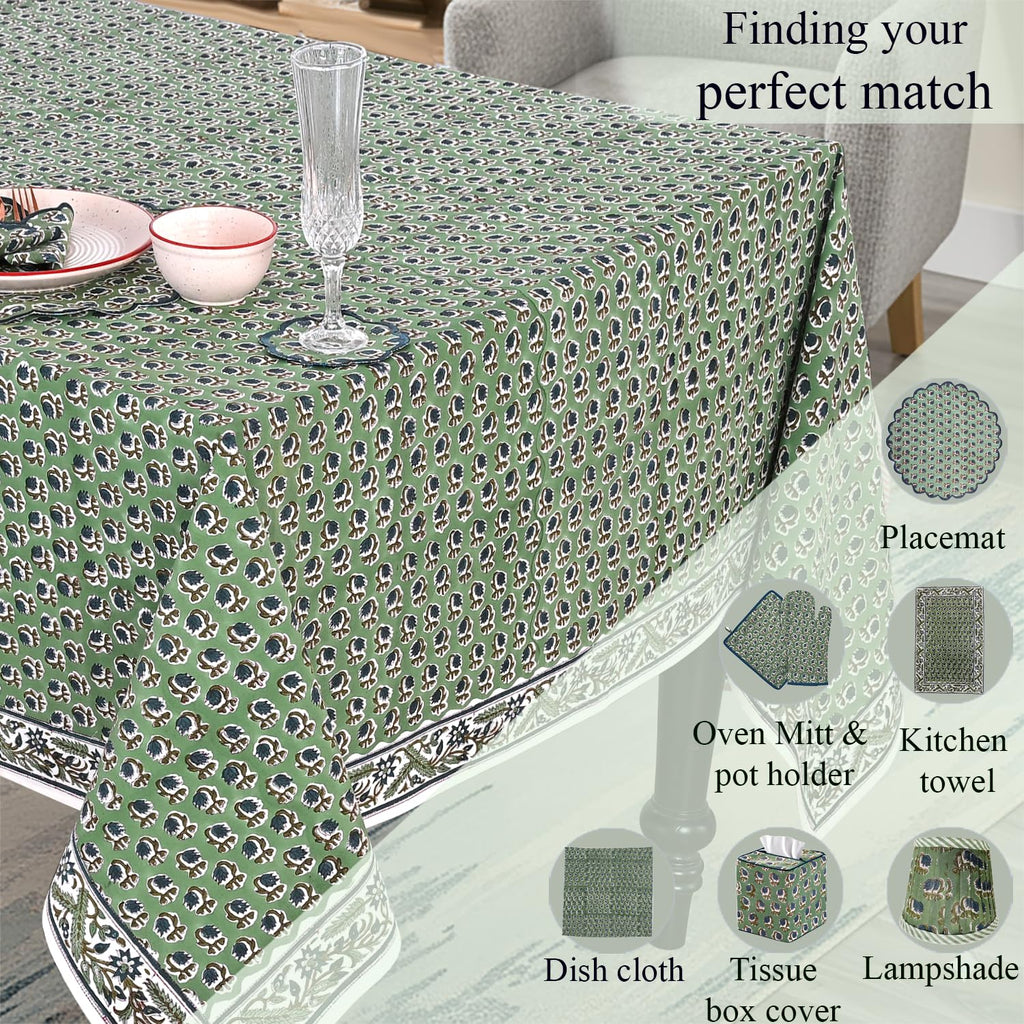 Basil Green, Peacock Blue Hand Block Print Cotton Cloth Dinning Table Cover Wedding Farmhouse Thanks Giving Christmas