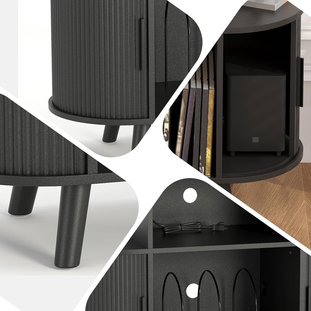 35'' Fluted Mid Century Modern Turntable Cabinet, Large Round Record Player Stand with Charging Station and Display