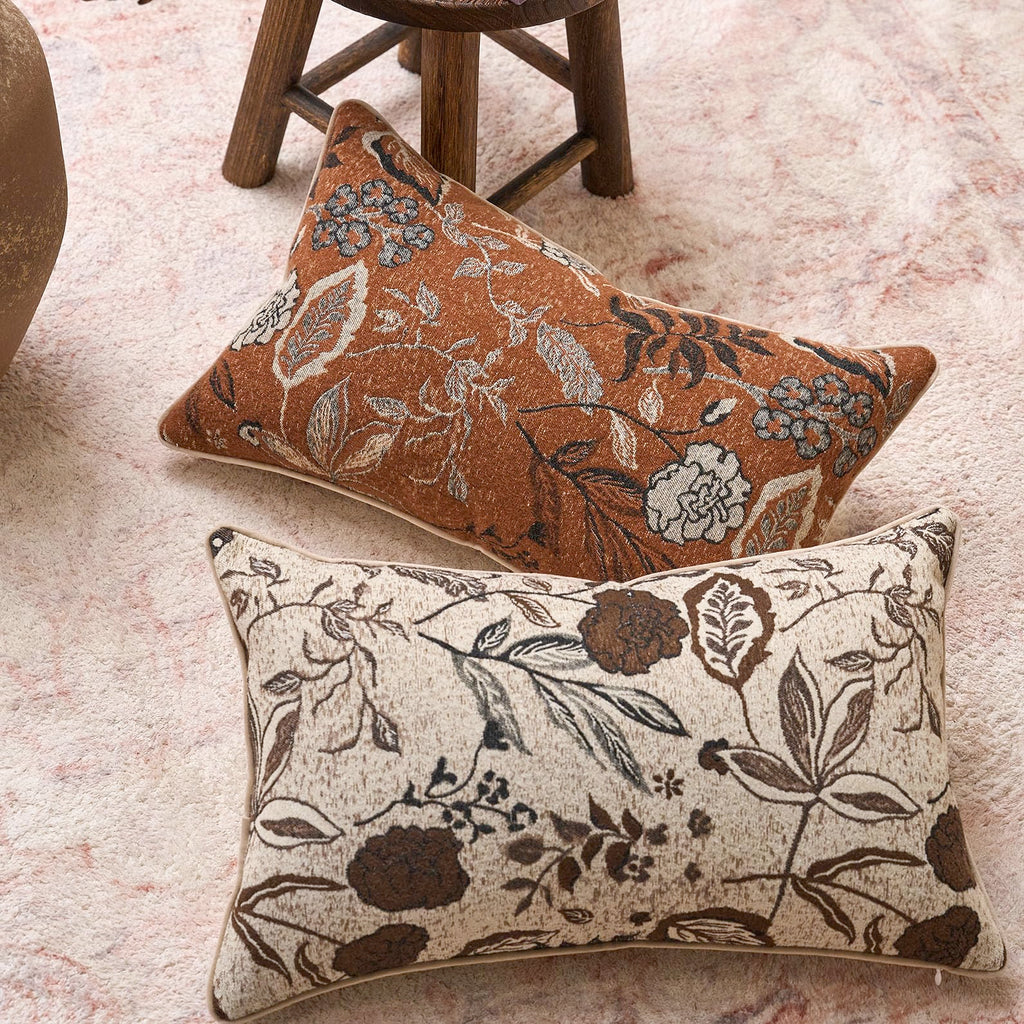 Rust Orange Floral Textured Lumbar Throw Pillow Cover 12x20 Fall Vintage Accent Pillow Cover Farmhouse Cushion Cover