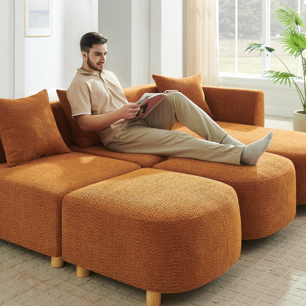 109.84" Modular Sectional Sofa with Pillows, 5-Seater, Boucle Curry