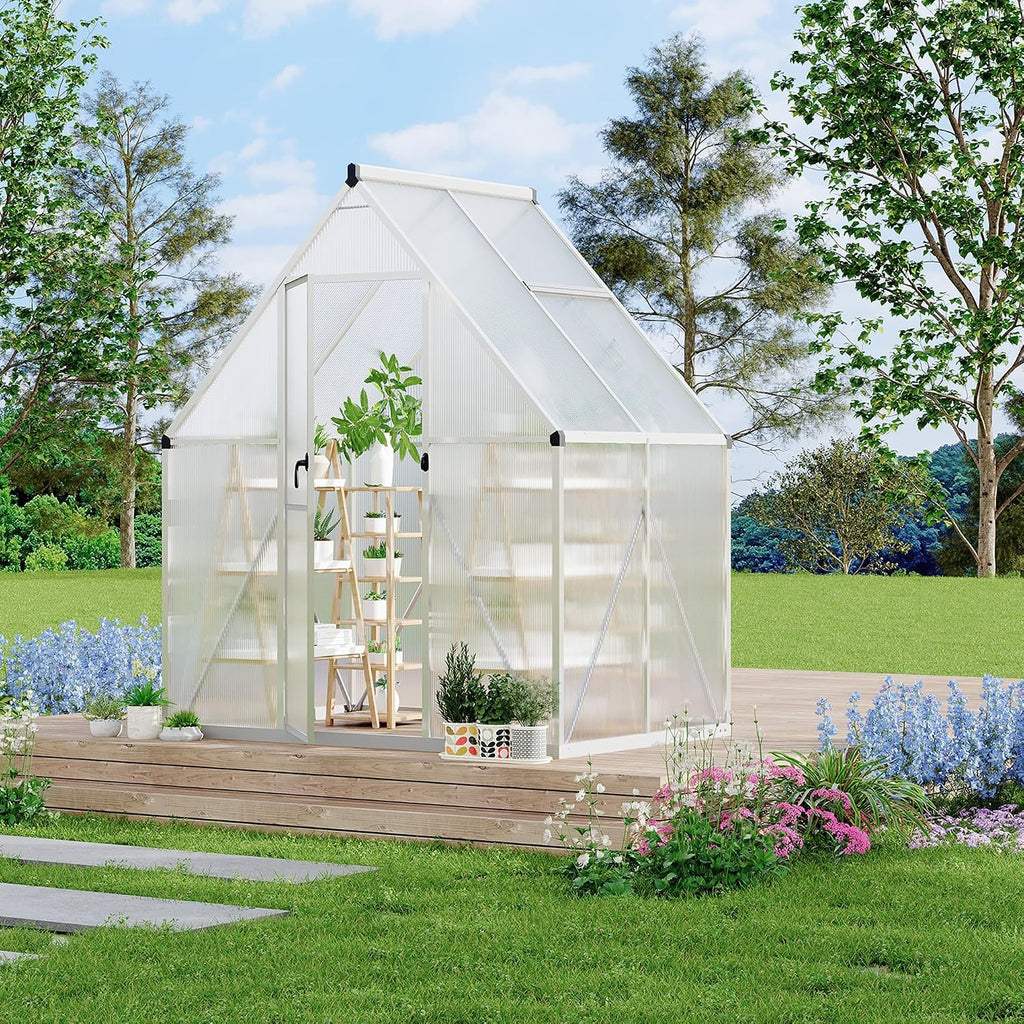 Walk-in Aluminum Greenhouse 6x4FT - Polycarbonate Panels, Heavy Duty Frame, Quick Setup, Roof Vent, Large Outdoor