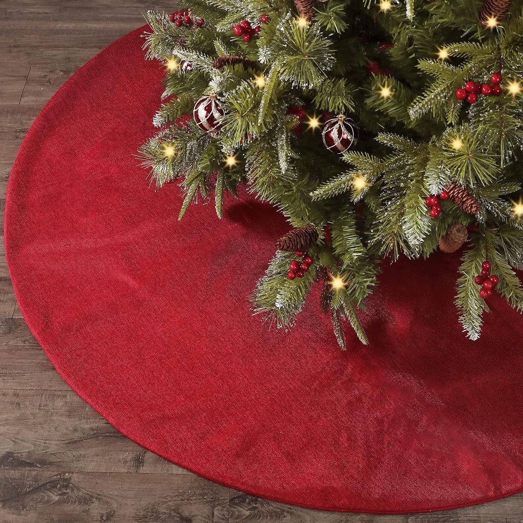 Christmas Tree Skirt, 60 inches Extra Large Burgundy Burlap Tree Skirt, Red Rustic Tree Skirts for Xmas Party Home