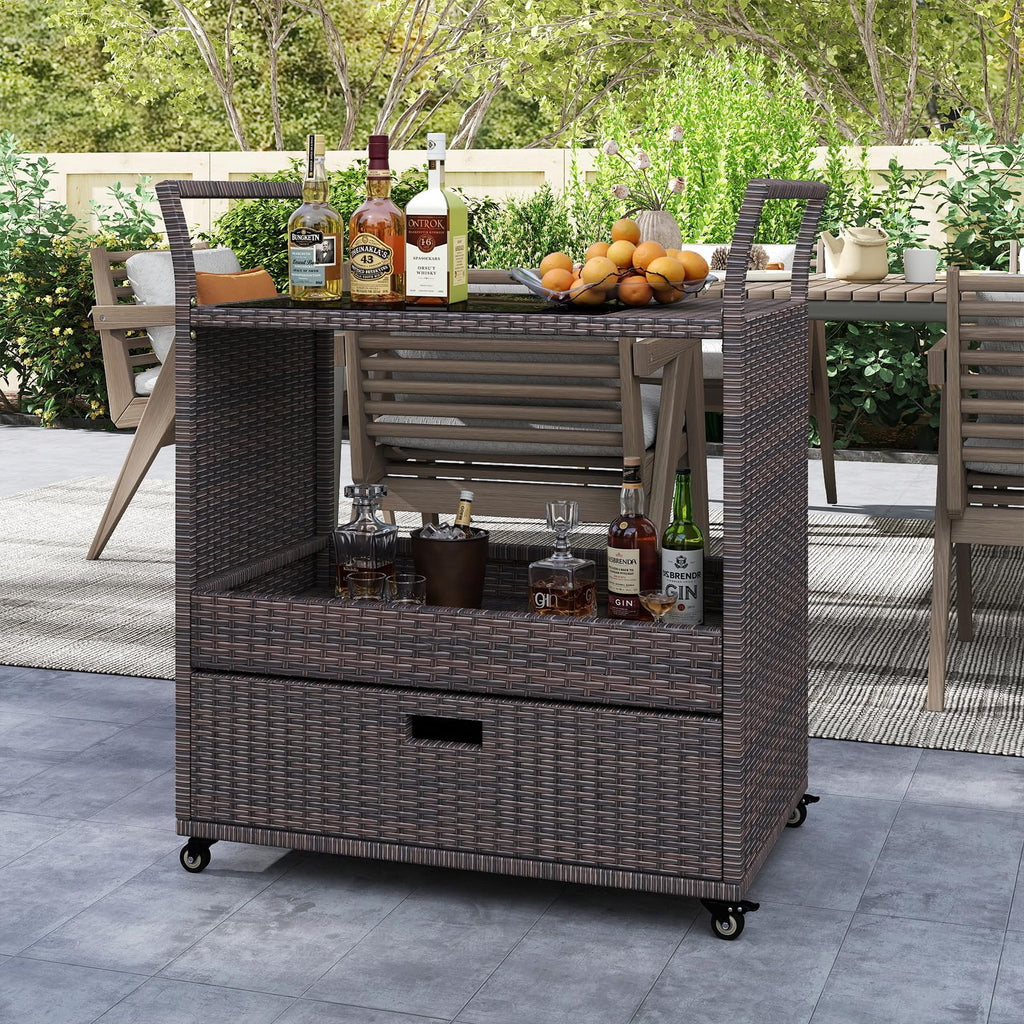 Rolling Rattan Bar Cart, Bar Counter Table with Tempered Glass Top