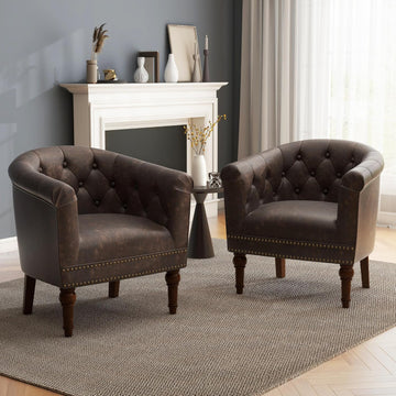 PU Leather Barrel Club Chairs, Modern Accent Chair, Chocolate - Set of 2