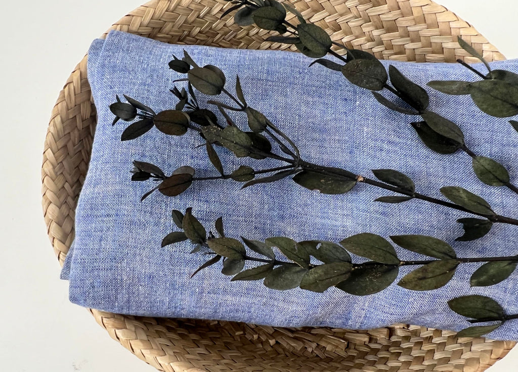 100% Linen Fabric - Yarn Dyed Chambray, Pre-Washed, Lightweight Crisp & Cool Handfeel, 52-54" Wide - (Dusky Blue
