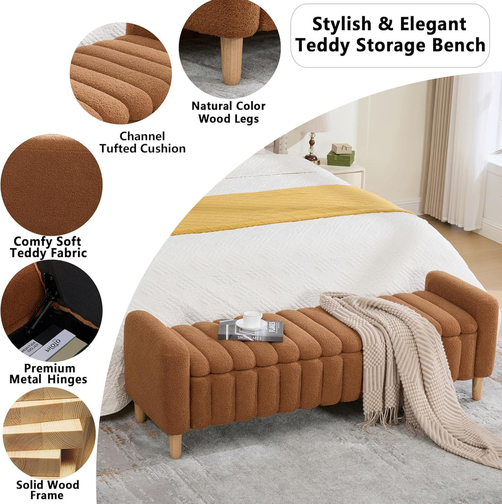 Teddy Caramel Ottoman Bench with Storage,63.4" Armed Long Storage Benches for Bed End King Size,Channel Tufted