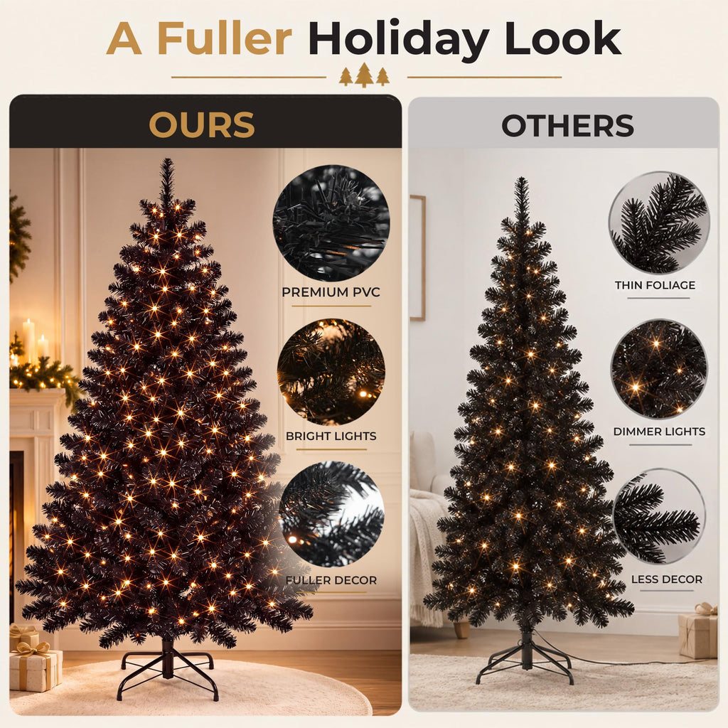 6FT Black Pre-Lit Christmas Tree, 300 Warm White LED Lights
