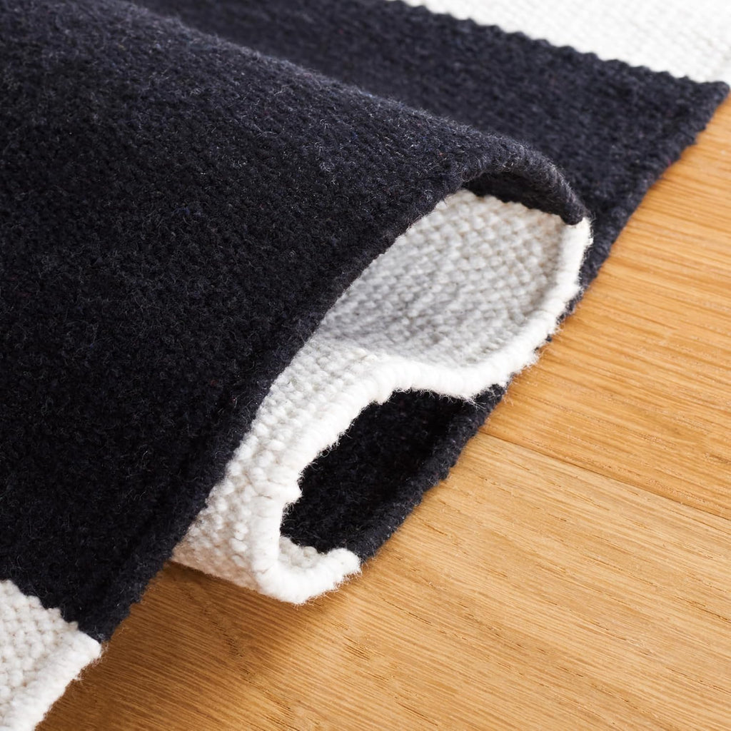 Montauk Collection Area Rug - 8' Square, Black & Ivory, Handmade Flatweave Cotton, Woven Texture, Farmhouse Stripe