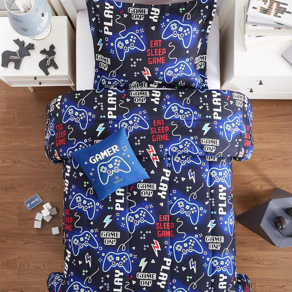 Kids Comforter Set Twin for Boys, Glow in The Dark Gamer Bedding Set 1 Comforter, 1 Decor Pillow, 1 Pillow Sham, Twin