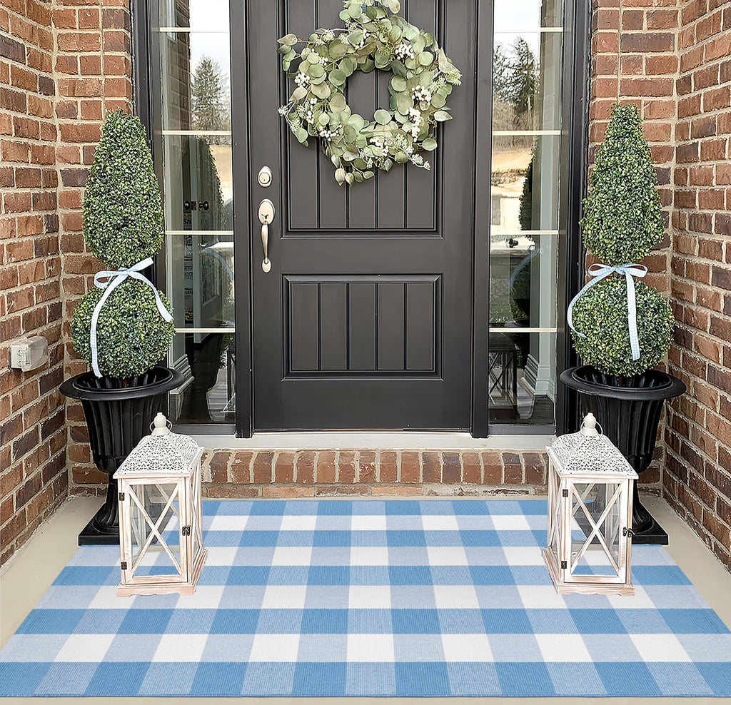 Washable 3'x5'Outdoor Rug, Light Blue White Buffalo Plaid Front Door Mat