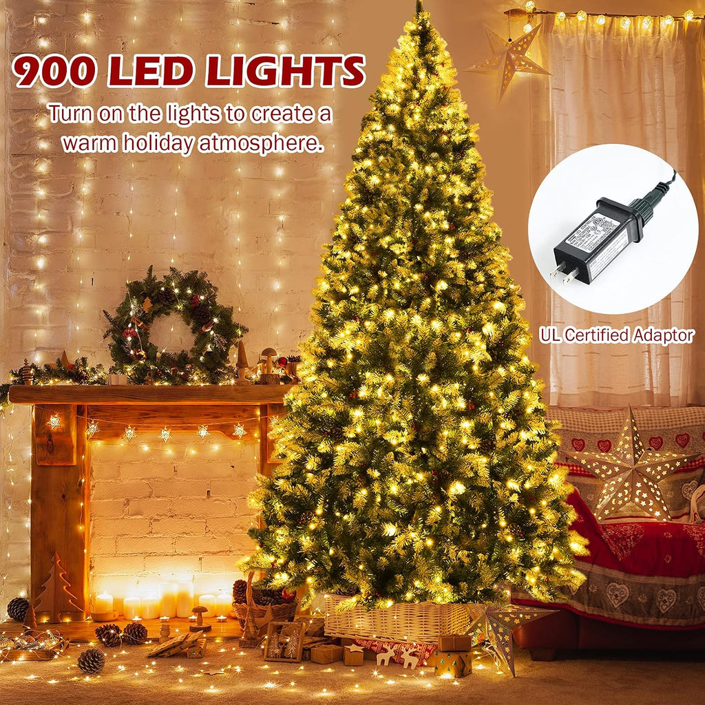 Pre-lit Artificial Christmas Tree, Hinged Snow Flocked Xmas Tree w/Pine Cones, Red Berries & 900 LED Lights, 8