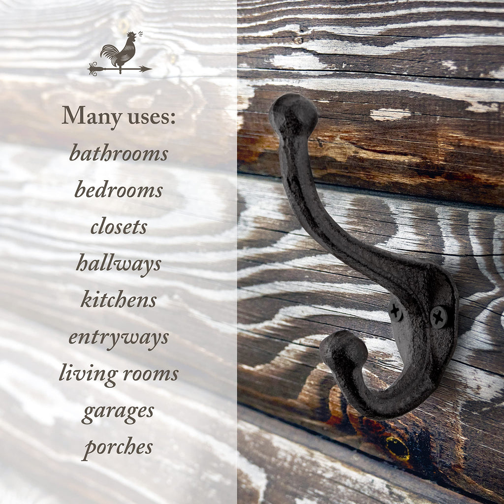 Rustic Cast Iron Coat Hooks (10 Pack) Wall Mounted Farmhouse Decorative Wall Hooks, Vintage Hooks for Hanging Coats