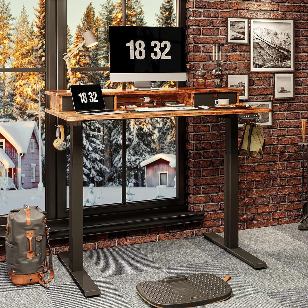 48 x 24 Inch Height Adjustable Electric Standing Desk with Double Drawer, Stand Up Table with Storage Shelf, Sit