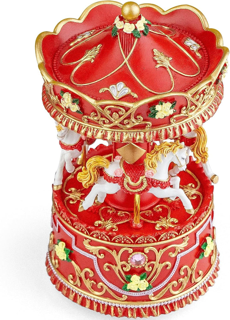 Christmas Carousel Music Box with Lights, Rotating Wind-Up Merry-Go-Round Horse Figurine, Hand-Painted Red and Gold