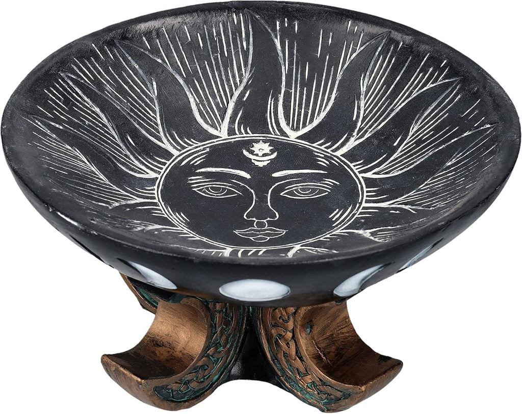 Carved Illustrated Sun and Moon Resin Trinket Bowl Black 8" Diameter