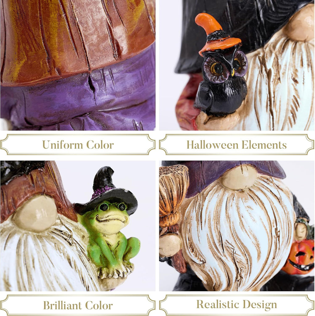 Gnomes Halloween Decorations Indoor, Resin Gnome Decor with Bat Witch Hat, Halloween Figurines Elf Dwarf - Set of 3