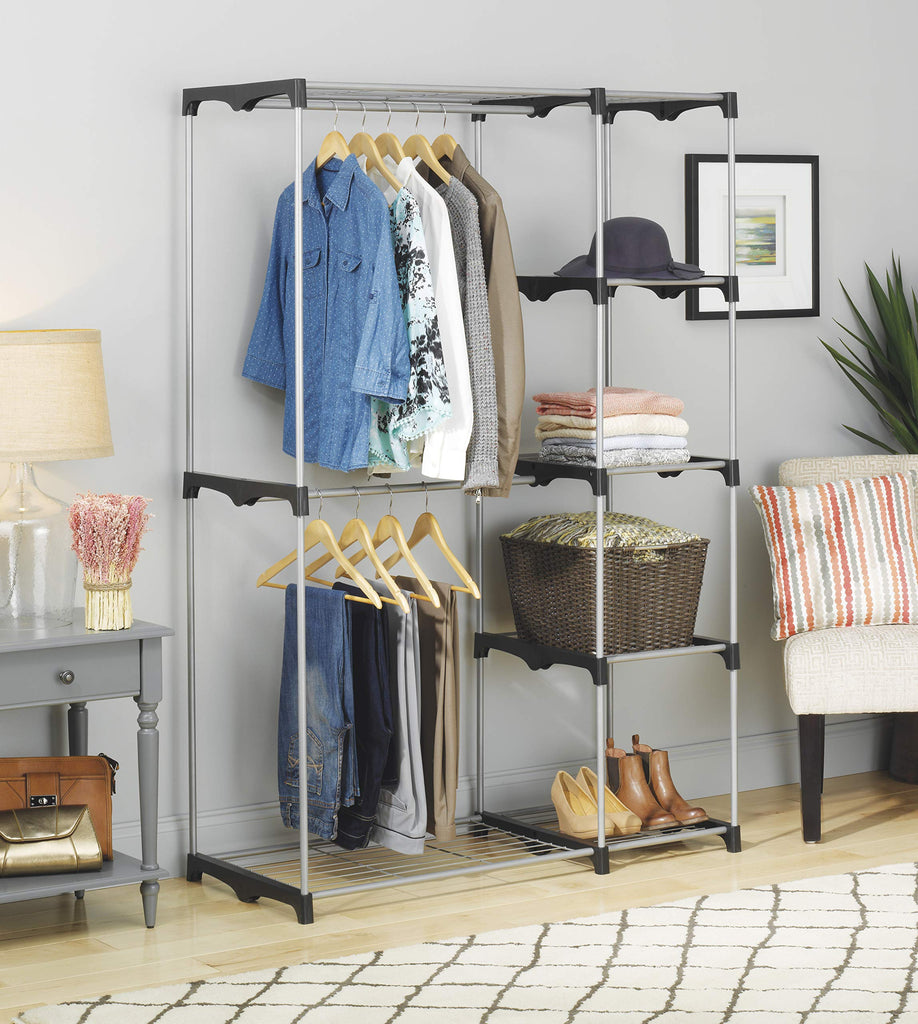 Double Rod Freestanding Closet Organizer, Silver