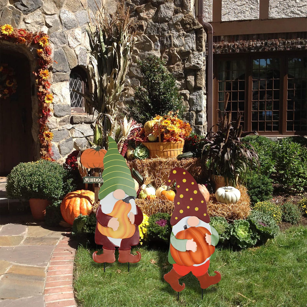 Fall Decorations Outdoor, 2 Pack 25" Decorative Garden Stakes with Gnomes Pumpkin for Fall Decor, Metal Yard Signs