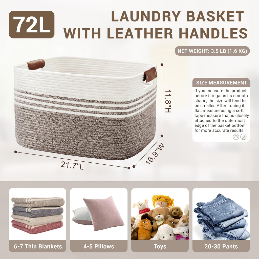 72L Woven Laundry Basket Hamper with Leather Handles,Dark Brown
