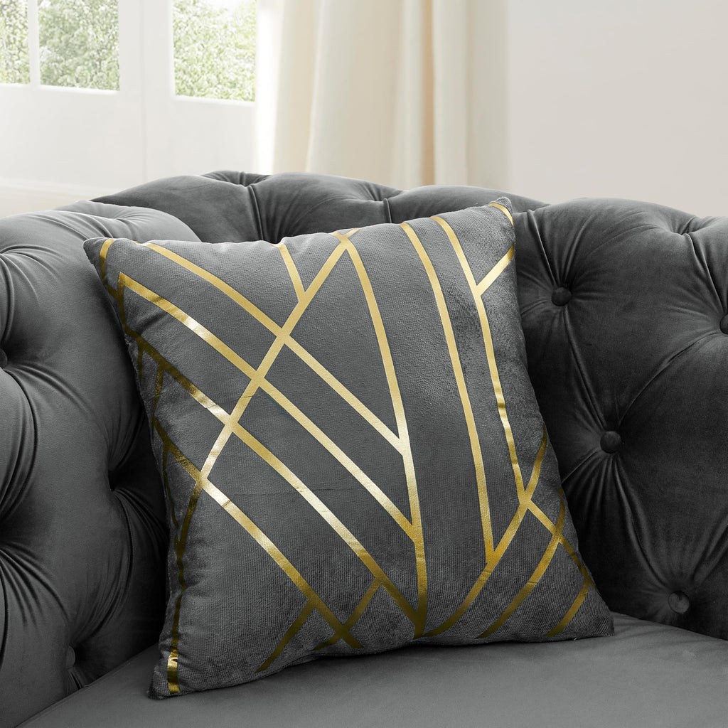 111" L-Shaped Luxury Velvet Chesterfield Sectional Sofa with Gold Stainless Steel Accents and 7 Pillows, Mid-Century