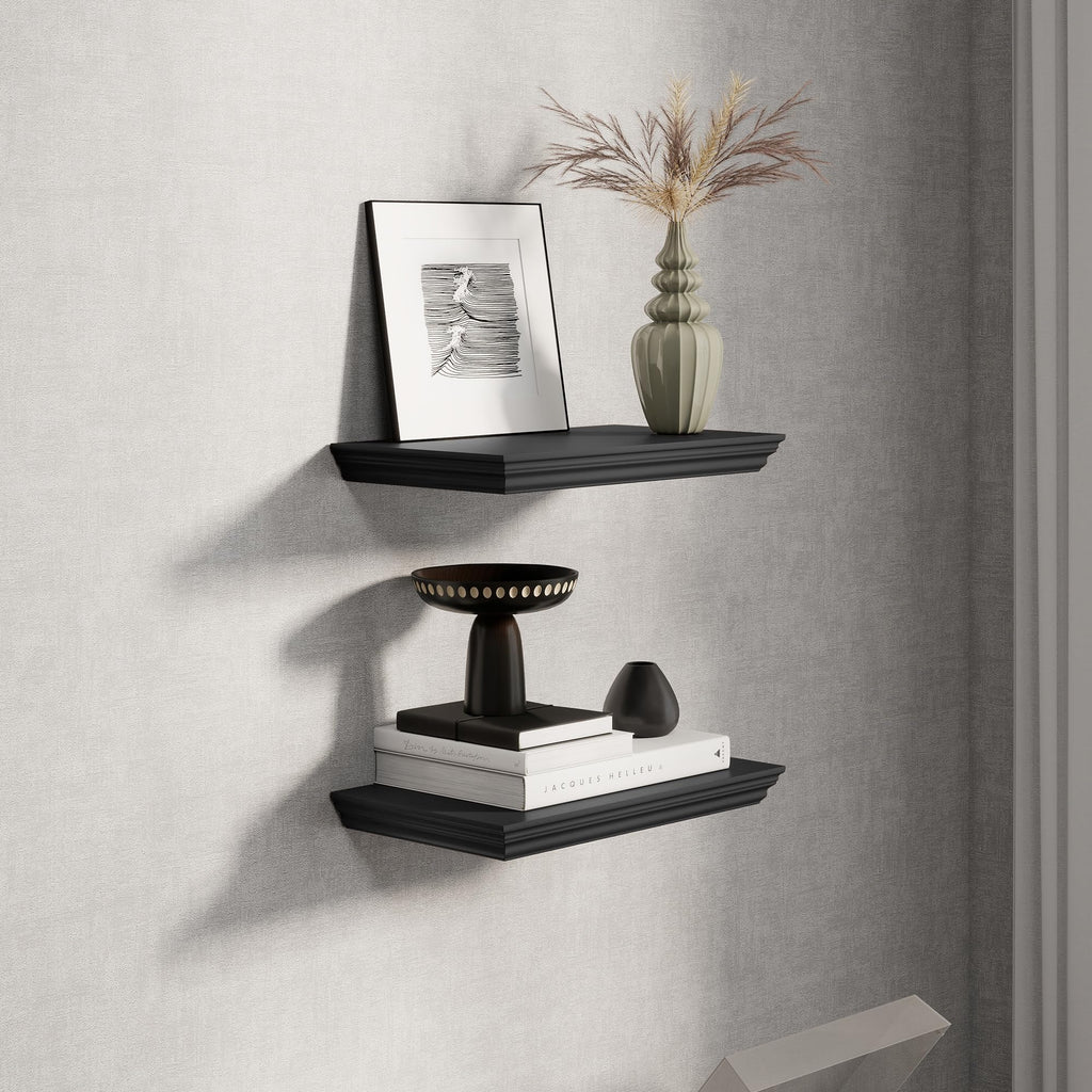 Floating Shelves, Black, 16 Inch Long, 9.3 Inch Deep, 2 Pack