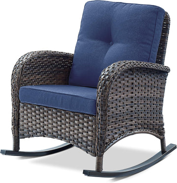 Patio Rocking Chair Wicker Chair, 1 Piece Outdoor Rocking Chair Seating with Cushions for Porch Deck Balcony