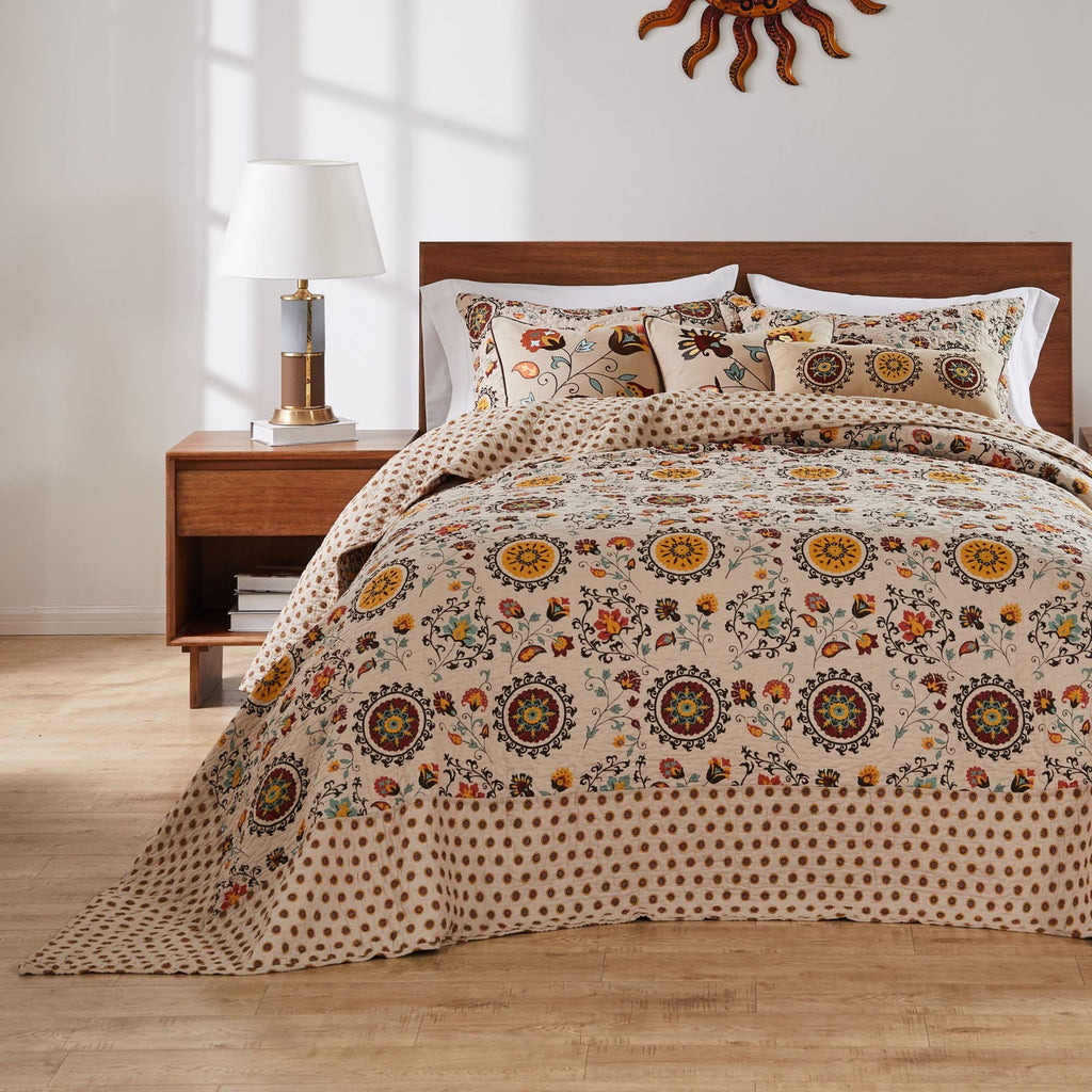 Andorra Cotton Traditional Bedspread Set - Jumbo Sized Reversible Quilt Set, 3-Piece, Taupe