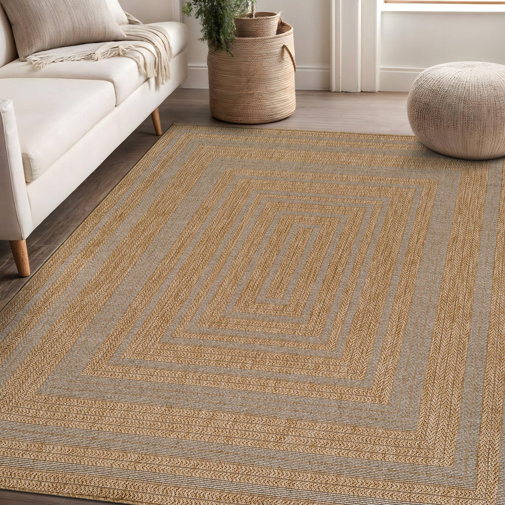 Easy Jute Framed Border Rug 8x10 Washable Durable Indoor Outdoor Area Rugs for Living Dining Room Patio Office Stain